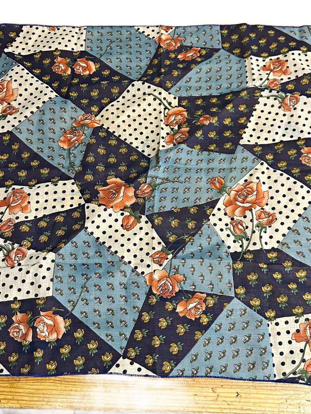 Vintage 70s  Patchwork Floral Scarf Cottagecore Rose & Bee Polka Dot Neckerchief